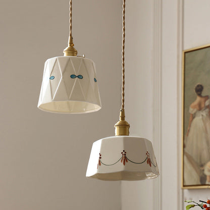 Traditional French Iron Ceramic Brass Cylinder Hand-Painted Pattern 1-Light Pendant Light For Dining Room