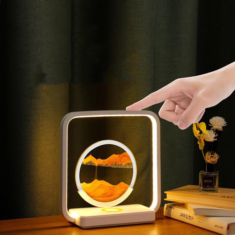 Modern Art Deco Square Sand Painting Metal ABS Silica Glass Wireless Charging USB Touch Dimmer LED Table Lamp Night Light For Bedside