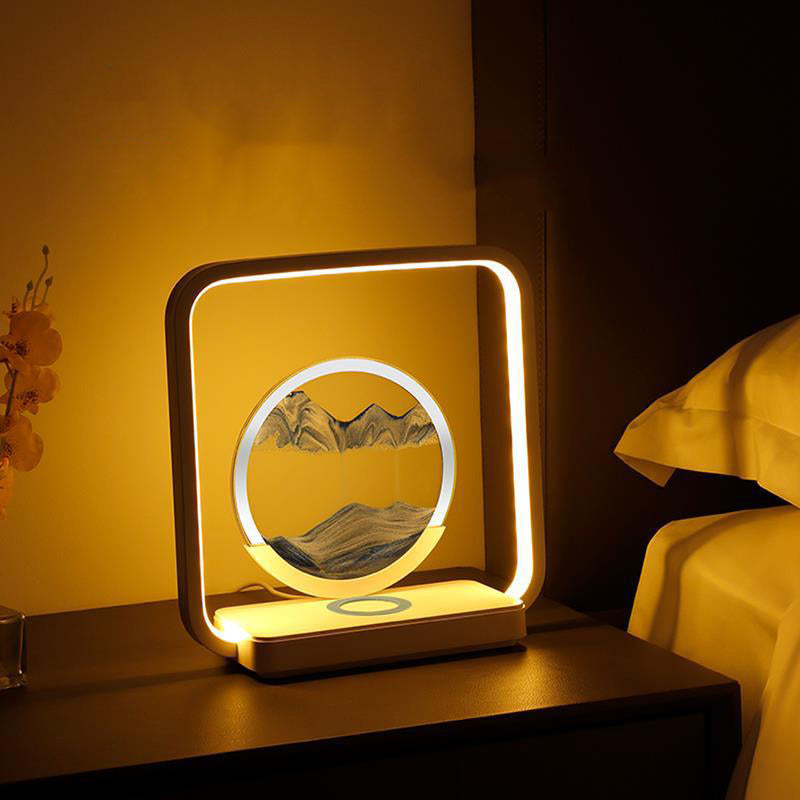 Modern Art Deco Square Sand Painting Metal ABS Silica Glass Wireless Charging USB Touch Dimmer LED Table Lamp Night Light For Bedside