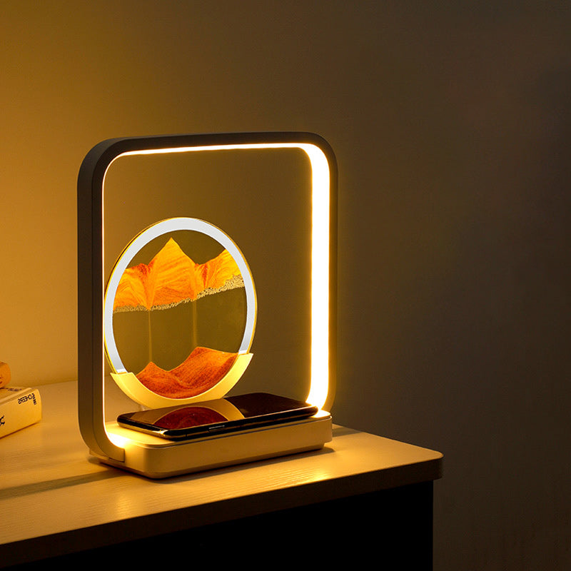 Modern Art Deco Square Sand Painting Metal ABS Silica Glass Wireless Charging USB Touch Dimmer LED Table Lamp Night Light For Bedside