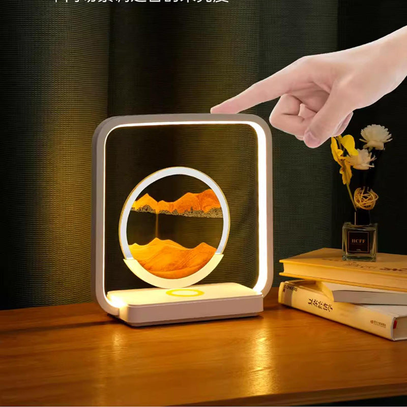 Modern Art Deco Square Sand Painting Metal ABS Silica Glass Wireless Charging USB Touch Dimmer LED Table Lamp Night Light For Bedside