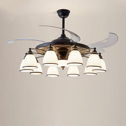 Traditional Chinese Iron Glass Acrylic Bell 5/6/8/10 Light Downrods Ceiling Fan Light For Living Room