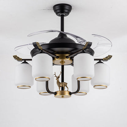 Traditional Chinese Iron Glass ABS Cylinder Deer 10-Light Downrods Ceiling Fan Light For Living Room