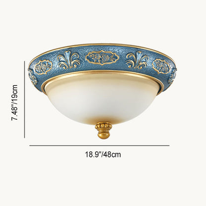 Traditional European Resin Iron Glass Round Dome Carved Pattern 4-Light Flush Mount Ceiling Light For Bedroom
