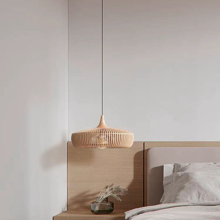 Traditional Japanese Brass Wood Hollowed Lantern Round 1-Light Pendant Light For Dining Room