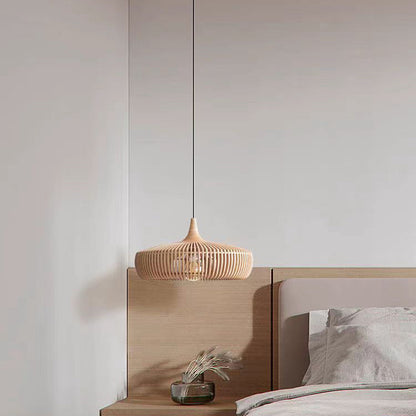 Traditional Japanese Brass Wood Hollowed Lantern Round 1-Light Pendant Light For Dining Room
