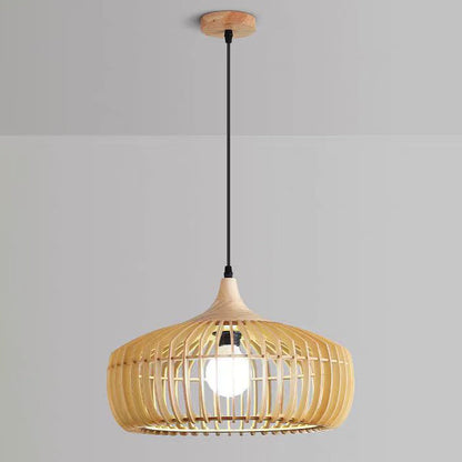 Traditional Japanese Brass Wood Hollowed Lantern Round 1-Light Pendant Light For Dining Room