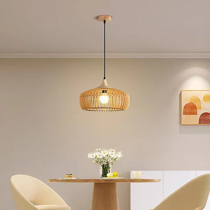 Traditional Japanese Brass Wood Hollowed Lantern Round 1-Light Pendant Light For Dining Room