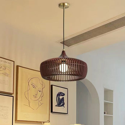 Traditional Japanese Brass Wood Hollowed Lantern Round 1-Light Pendant Light For Dining Room