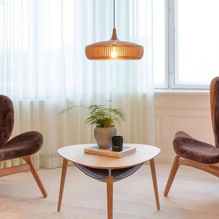 Traditional Japanese Brass Wood Hollowed Lantern Round 1-Light Pendant Light For Dining Room