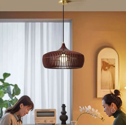 Traditional Japanese Brass Wood Hollowed Lantern Round 1-Light Pendant Light For Dining Room