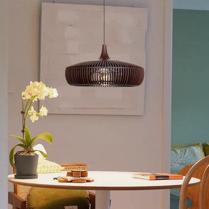 Traditional Japanese Brass Wood Hollowed Lantern Round 1-Light Pendant Light For Dining Room