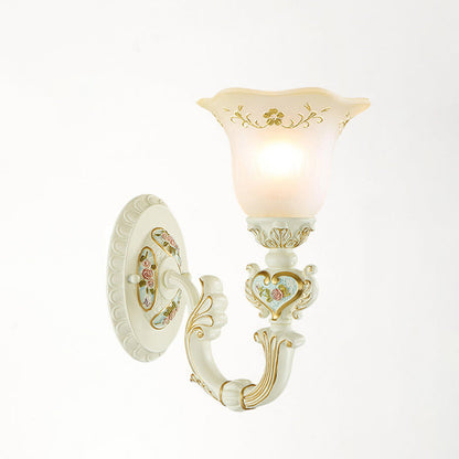 Traditional European Resin Glass Floral Carved 1-Light Wall Sconce Lamp For Bedside