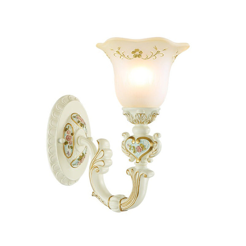 Traditional European Resin Glass Floral Carved 1-Light Wall Sconce Lamp For Bedside