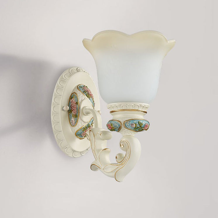 Traditional European Resin Glass Floral Carved 1-Light Wall Sconce Lamp For Bedside