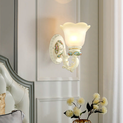 Traditional European Resin Glass Floral Carved 1-Light Wall Sconce Lamp For Bedside