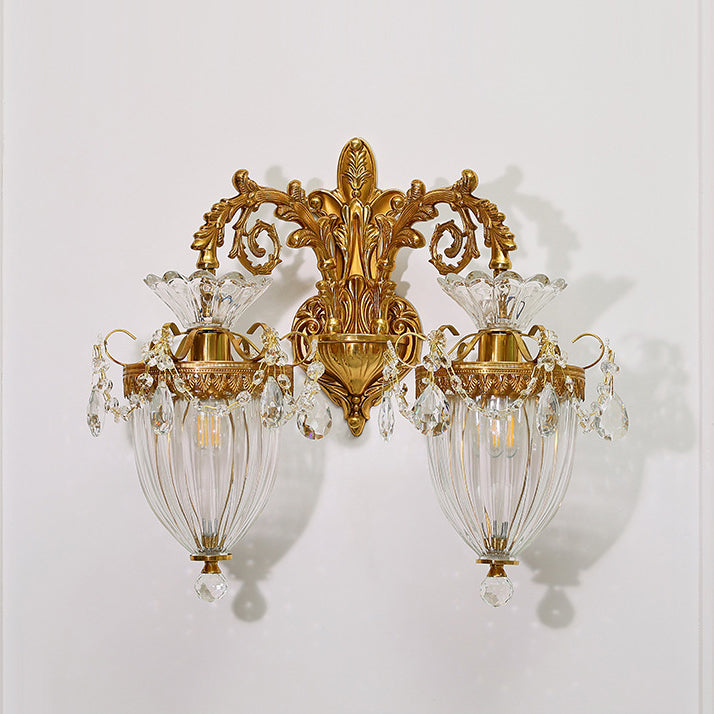 Traditional European Alloy Brass Glass Crystal Teardrop-Shaped Carved 1/2 Light Wall Sconce Lamp For Living Room