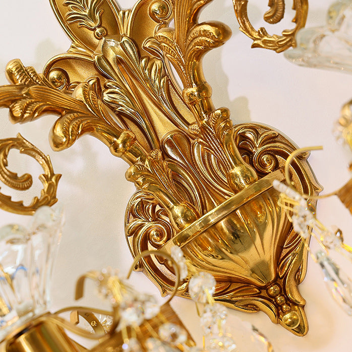 Traditional European Alloy Brass Glass Crystal Teardrop-Shaped Carved 1/2 Light Wall Sconce Lamp For Living Room