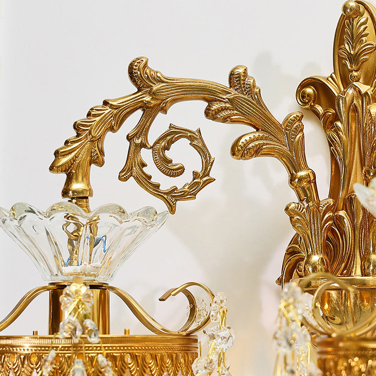 Traditional European Alloy Brass Glass Crystal Teardrop-Shaped Carved 1/2 Light Wall Sconce Lamp For Living Room
