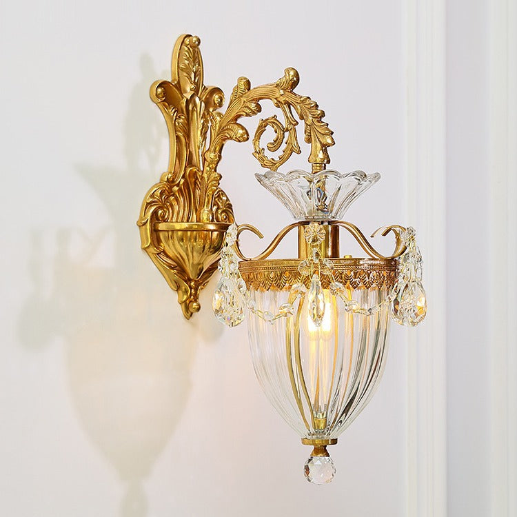 Traditional European Alloy Brass Glass Crystal Teardrop-Shaped Carved 1/2 Light Wall Sconce Lamp For Living Room