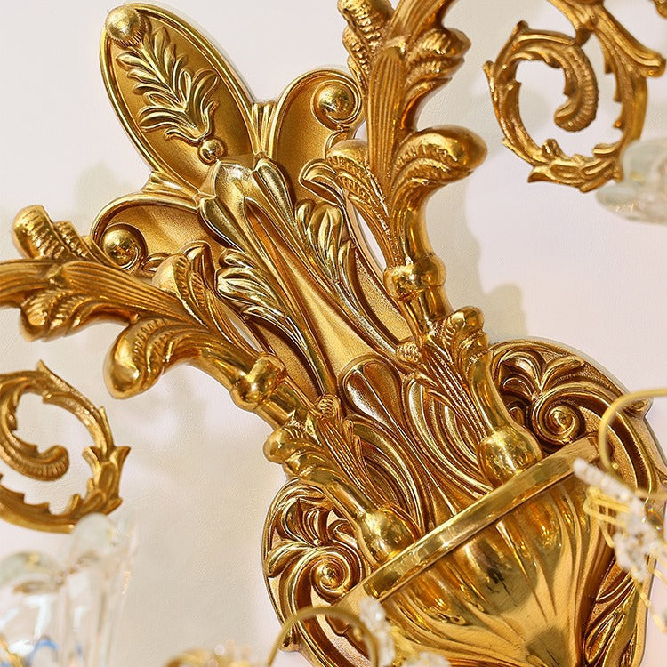 Traditional European Alloy Brass Glass Crystal Teardrop-Shaped Carved 1/2 Light Wall Sconce Lamp For Living Room