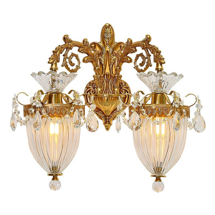 Traditional European Alloy Brass Glass Crystal Teardrop-Shaped Carved 1/2 Light Wall Sconce Lamp For Living Room