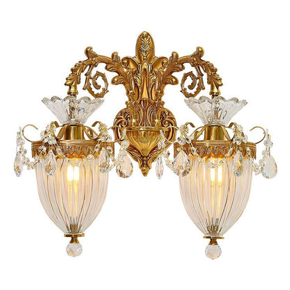 Traditional European Alloy Brass Glass Crystal Teardrop-Shaped Carved 1/2 Light Wall Sconce Lamp For Living Room