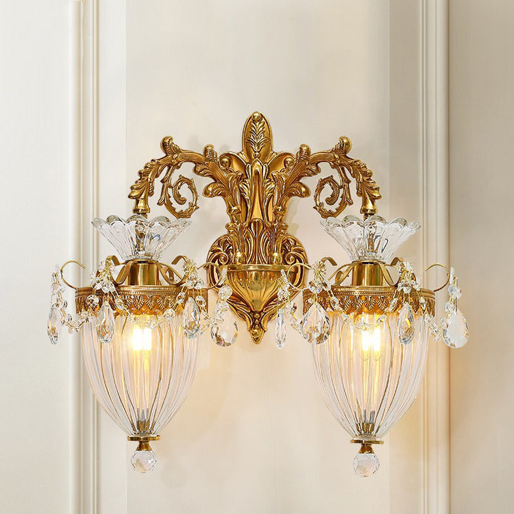 Traditional European Alloy Brass Glass Crystal Teardrop-Shaped Carved 1/2 Light Wall Sconce Lamp For Living Room