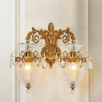 Traditional European Alloy Brass Glass Crystal Teardrop-Shaped Carved 1/2 Light Wall Sconce Lamp For Living Room