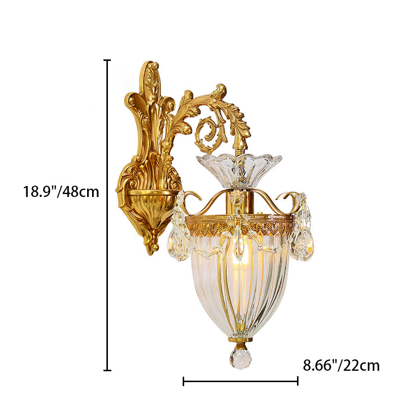 Traditional European Alloy Brass Glass Crystal Teardrop-Shaped Carved 1/2 Light Wall Sconce Lamp For Living Room