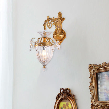 Traditional European Alloy Brass Glass Crystal Teardrop-Shaped Carved 1/2 Light Wall Sconce Lamp For Living Room