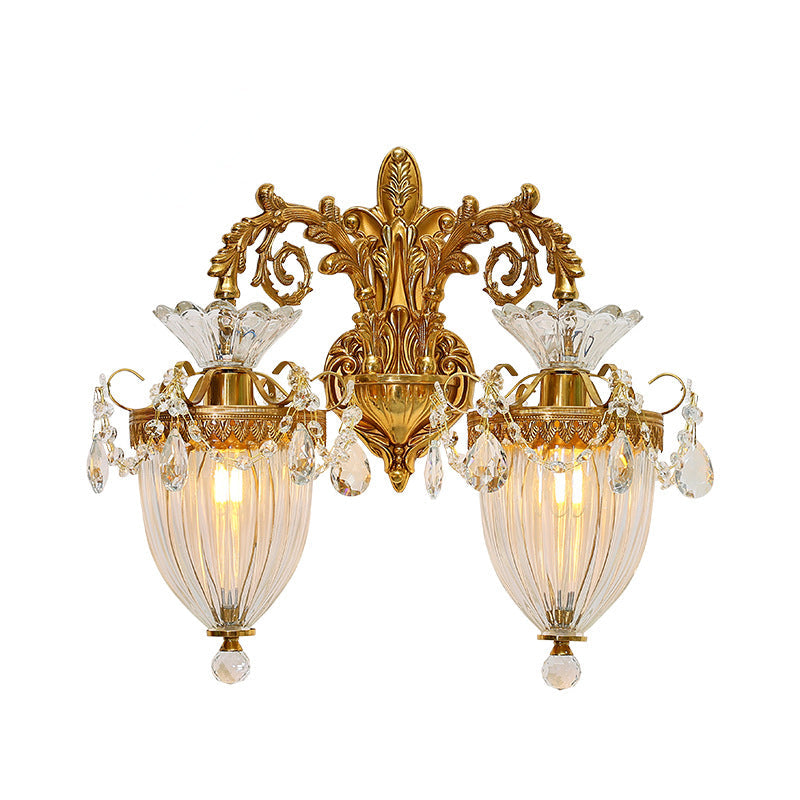Traditional European Alloy Brass Glass Crystal Teardrop-Shaped Carved 1/2 Light Wall Sconce Lamp For Living Room