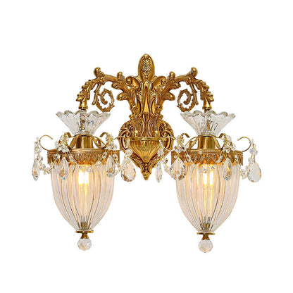Traditional European Alloy Brass Glass Crystal Teardrop-Shaped Carved 1/2 Light Wall Sconce Lamp For Living Room
