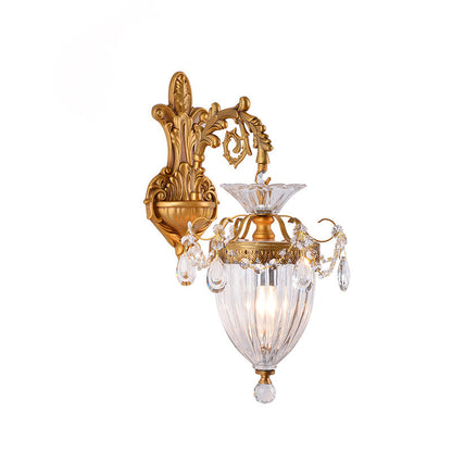 Traditional European Alloy Brass Glass Crystal Teardrop-Shaped Carved 1/2 Light Wall Sconce Lamp For Living Room