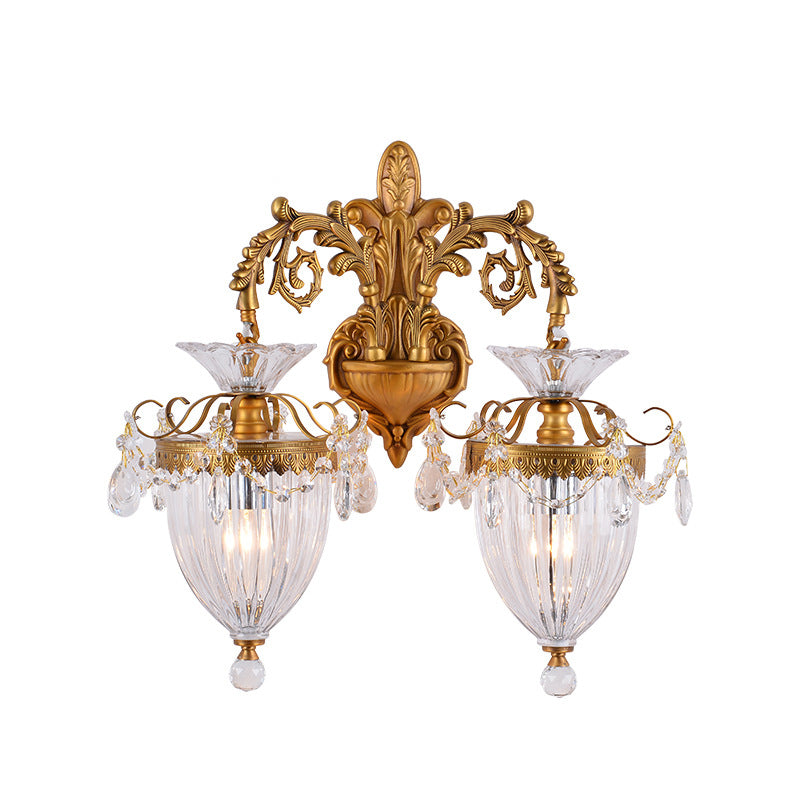 Traditional European Alloy Brass Glass Crystal Teardrop-Shaped Carved 1/2 Light Wall Sconce Lamp For Living Room