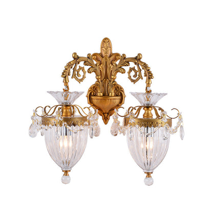 Traditional European Alloy Brass Glass Crystal Teardrop-Shaped Carved 1/2 Light Wall Sconce Lamp For Living Room