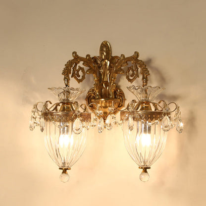 Traditional European Alloy Brass Glass Crystal Teardrop-Shaped Carved 1/2 Light Wall Sconce Lamp For Living Room