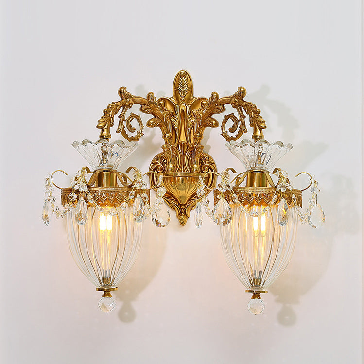 Traditional European Alloy Brass Glass Crystal Teardrop-Shaped Carved 1/2 Light Wall Sconce Lamp For Living Room