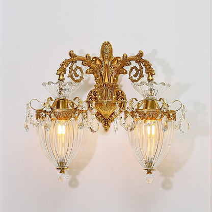 Traditional European Alloy Brass Glass Crystal Teardrop-Shaped Carved 1/2 Light Wall Sconce Lamp For Living Room
