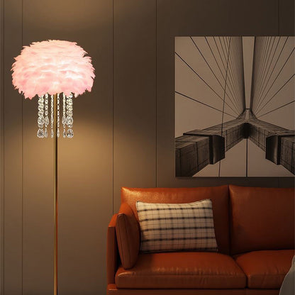 Contemporary Nordic Iron Feather Crystal Oval 1-Light Standing Floor Lamp For Living Room