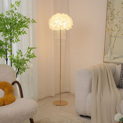 Contemporary Nordic Iron Feather Crystal Oval 1-Light Standing Floor Lamp For Living Room