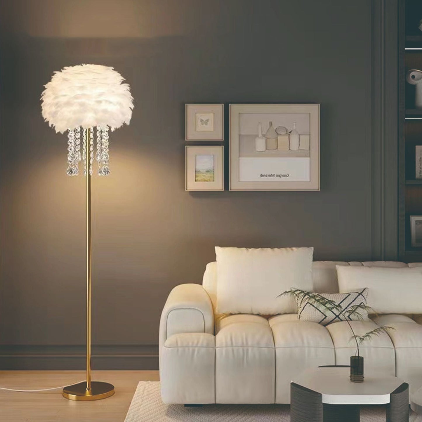 Contemporary Nordic Iron Feather Crystal Oval 1-Light Standing Floor Lamp For Living Room