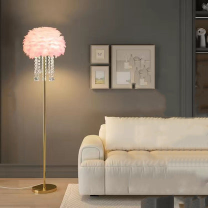 Contemporary Nordic Iron Feather Crystal Oval 1-Light Standing Floor Lamp For Living Room