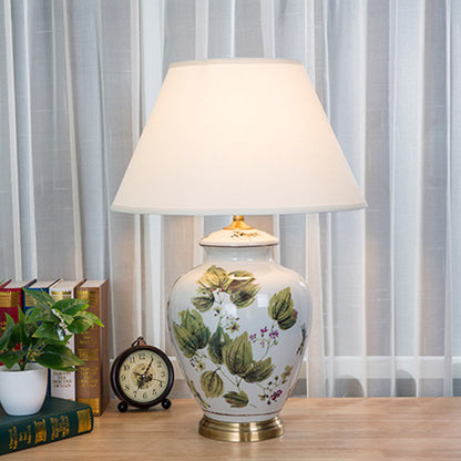 Traditional Chinese Fabric Copper Ceramic Pot Conic Leaf Painting 1-Light Table Lamp For Bedside