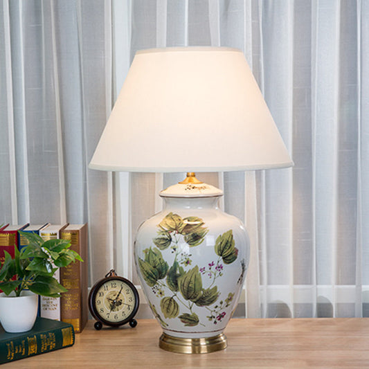Traditional Chinese Fabric Copper Ceramic Pot Conic Leaf Painting 1-Light Table Lamp For Bedside