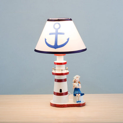 Contemporary Coastal Wood Fabric Kids Conic Lighthouse 1-Light Table Lamp For Bedroom