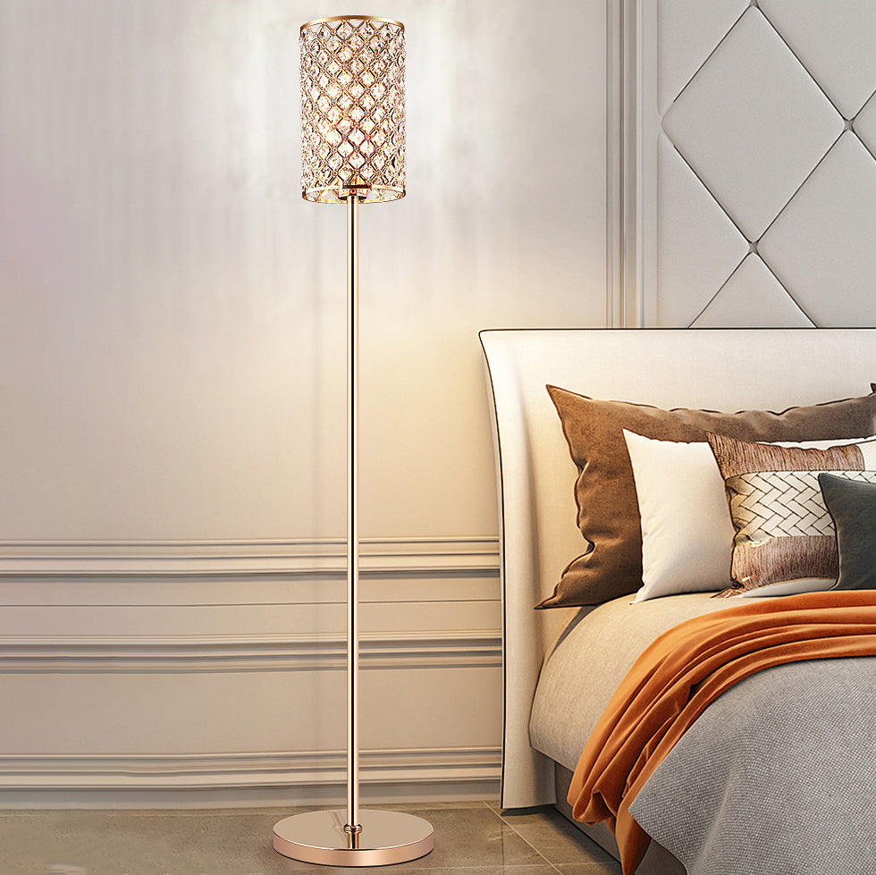 Modern Luxury Iron Crystal Cylinder 1-Light Standing Floor Lamp For Living Room