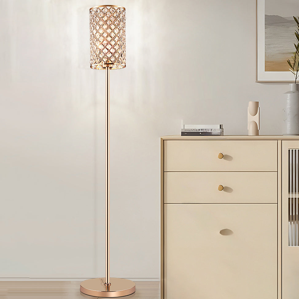 Modern Luxury Iron Crystal Cylinder 1-Light Standing Floor Lamp For Living Room