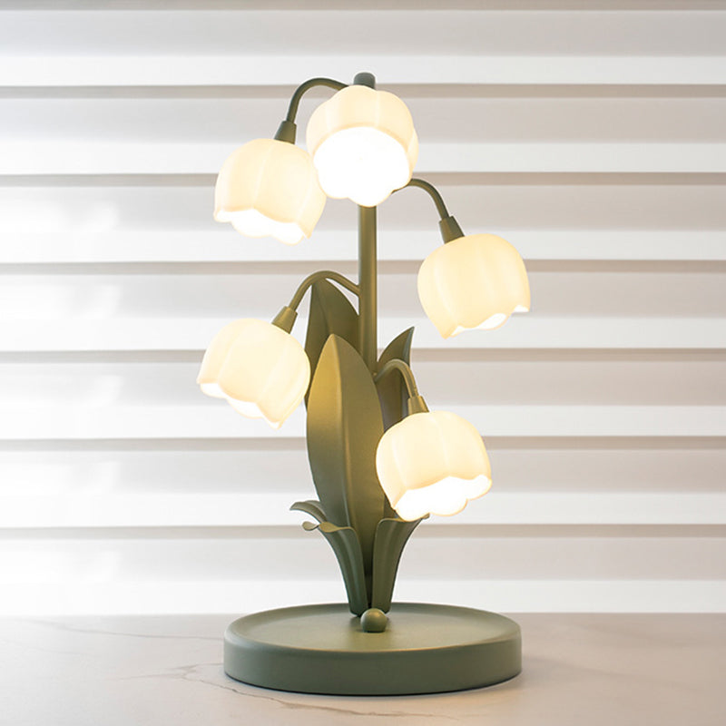 Traditional French Iron PC Glass Floral USB 5-Light Table Lamp For Bedside