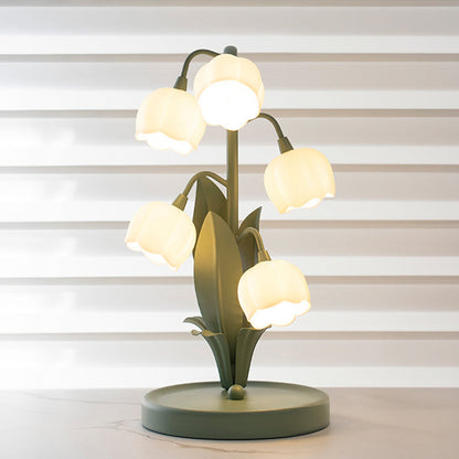 Traditional French Iron PC Glass Floral USB 5-Light Table Lamp For Bedside